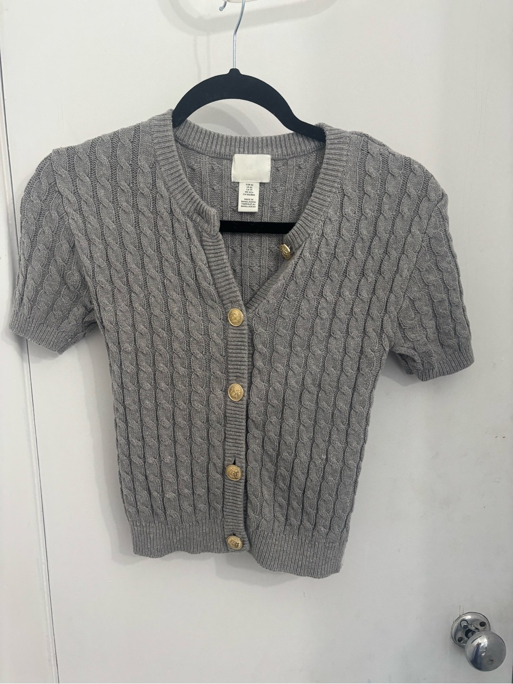 H&M Gray Cable Knit Short Sleeve Cardigan with Gold Buttons